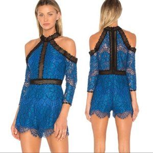 NWOT ALEXIS x Revolve Blue All Over Lace Leda Romper XS  Off the Shoulder
